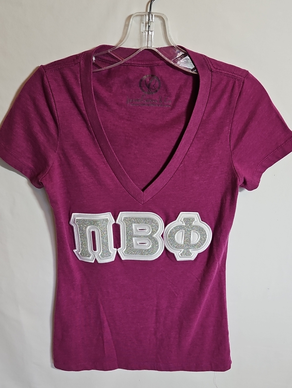 Jenna Benna & Co V-Neck Magenta Sorority T-Shirt with Silver Greek Letters